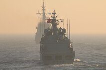 The Portuguese Vasco da Gama-class frigate NRP Corte-Real (F 332), foreground, and Spanish frigate SPS Almirante Juan de Borbon (F 102) participate in a NATO exercise along with the Arleigh Burke-class guided-missile destroyer USS Arleigh Burke (DDG 51), Oct. 29, 2021. Arleigh Burke, forward-deployed to Rota, Spain, is on its first patrol in the U.S. Sixth Fleet area of operations in support of U.S. national security interests and regional allies and partners in Europe and Africa.