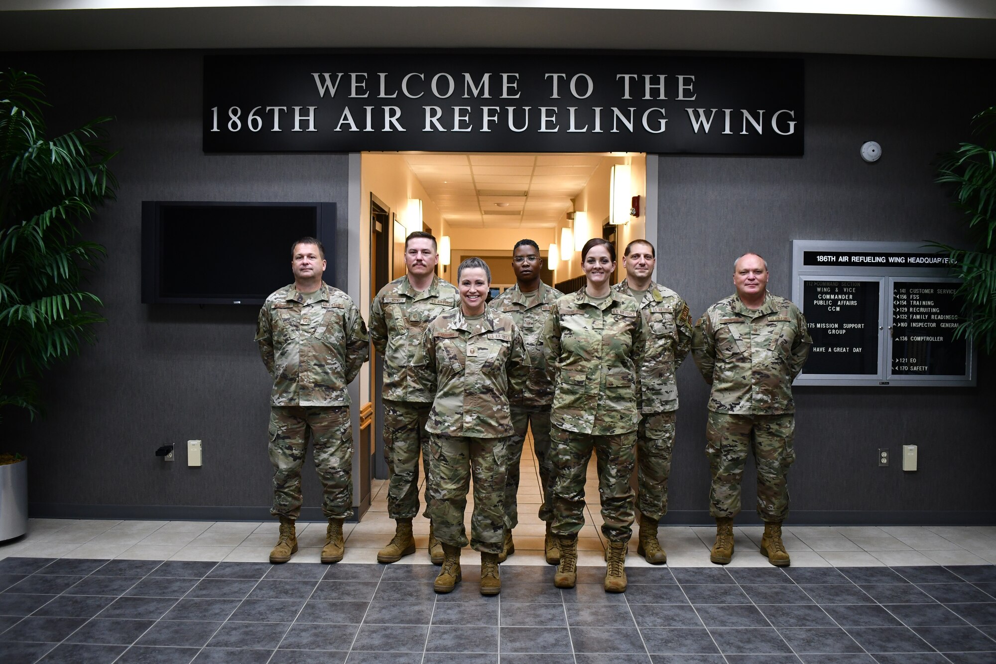 U.S. Air Force First Sergeants with the 186th Air Refueling Wing, Mississippi, pose for a group photo, at Key Field Air National Guard Base, Meridian, Miss., October 3, 2021.They met to plan a morale boosting event for young airman following the death of a young wing member. (U.S. Air National Guard photo by Staff Sgt. Ryaunte Perkins)