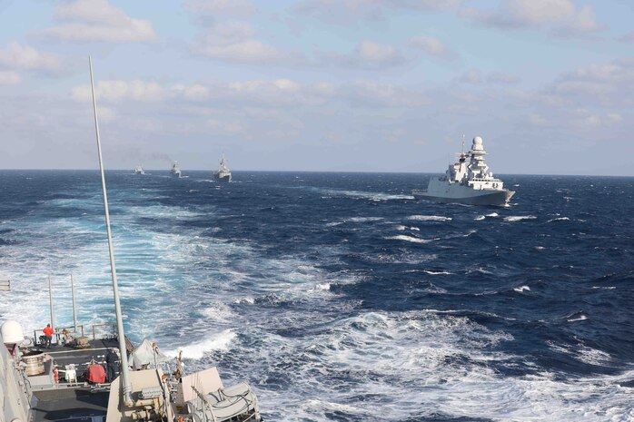 The Arleigh Burke-class guided-missile destroyer USS Porter (DDG 78), bottom left, participates in a ship formation exercise with the German, Italian, Romanian, and Turkish Navies, Oct. 28, 2021. Porter, forward-deployed to Rota, Spain, is on its 10th patrol in the U.S. Sixth Fleet area of operations in support of U.S. national security interests in Europe and Africa.