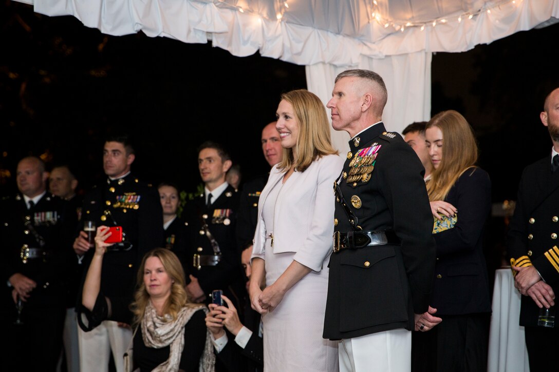 Assistant Commandant of the Marine Corps Gen. Eric M. Smith attends a joint birthday celebration for the UK Royal Marine Corps and US Marine Corps hosted by Her Excellency Dame Karen Pierce DCMG, the British Ambassador to the United States. The celebration marks the 357th birthday of the Royal Marines and 246th birthday of the US Marine Corps. (U.S. Marine Corps photo by Staff Sgt. Wesley Timm)