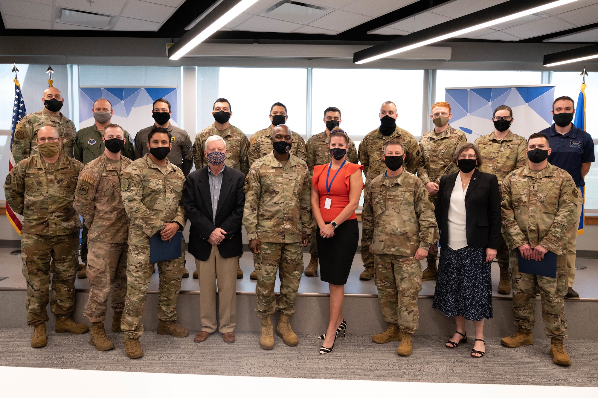 Air Force Global Strike Command STRIKEWERX Spark Sprint contestants stand with leadership and civilian leaders at the Cyber Innovation Center Friday, Oct. 15.  Two winners from the S3 competition will continue to the 2022 Air Force Spark Tank competition representing AFGSC.
