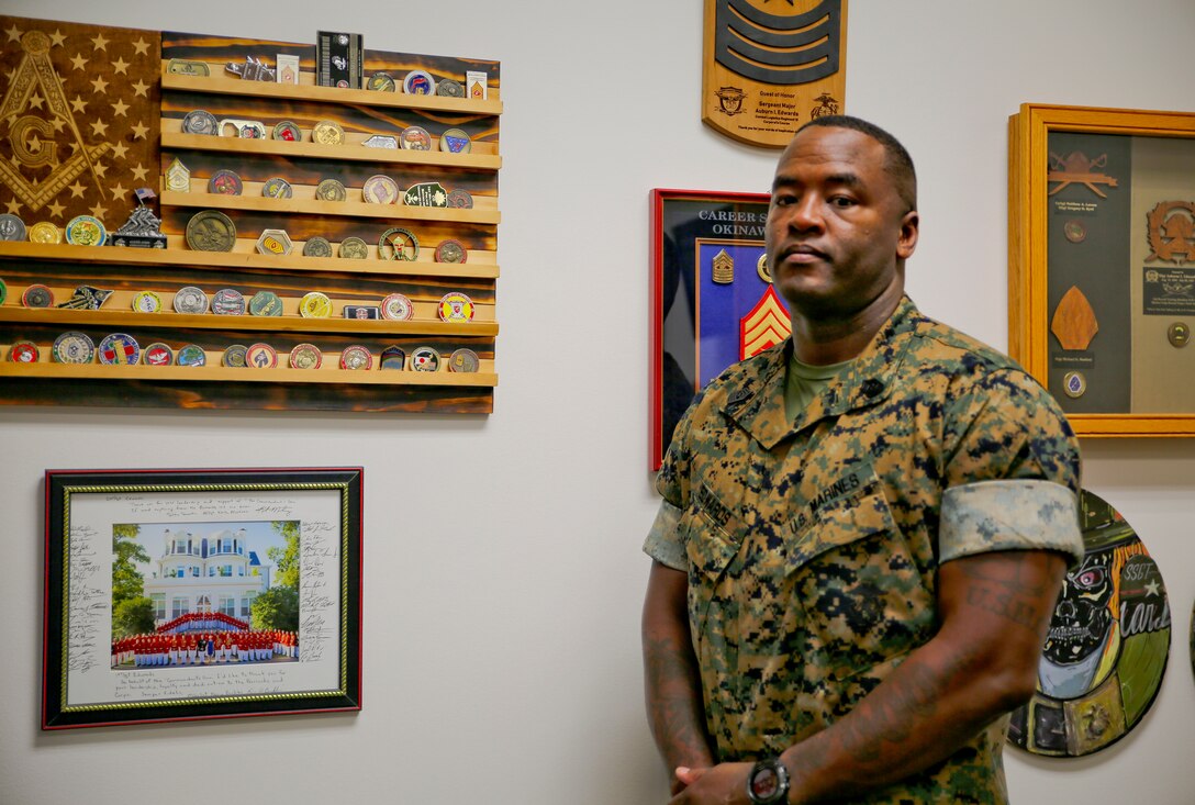 Sgt. Maj. Auburne Edwards II, native to the metro Atlanta area, is currently serving as the sergeant major for Marine Corps Logistics Base Albany. He was on his way to Marine Corps Recruit Depot Parris Island a week after his high school graduation in 1996. The leadership he encountered in the Marine Corps persuaded him to stay in active duty. Now, 25 years later, he finds himself following in similar footsteps. (U.S. Marine Corps photo by Jennifer Parks)