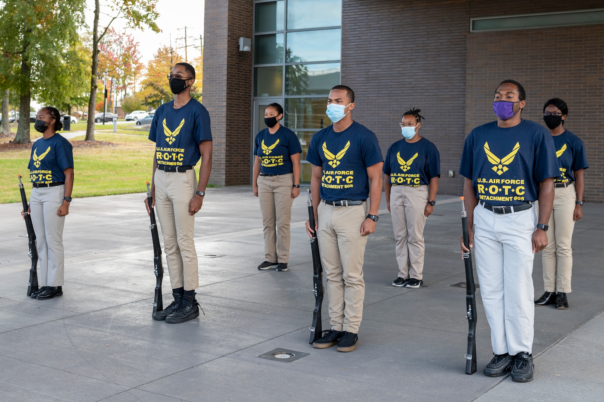 The Air Force ROTC cadet drill team from North Carolina Agricultural and Technical State University detachment 605, perform at their university in Greensboro, Oct. 28, 2021.