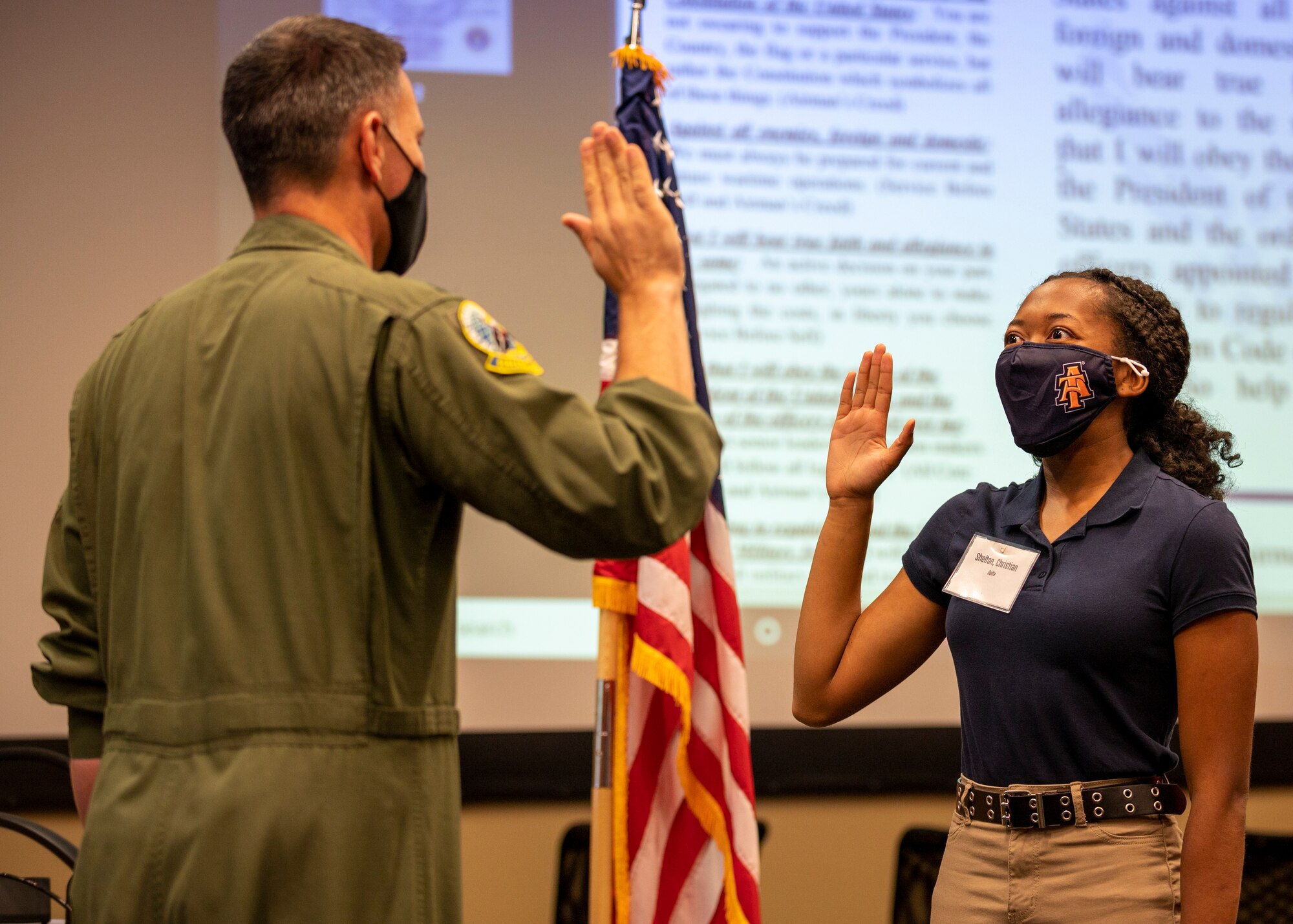 Air Force ROTC cadet Christina Shelton, North Carolina Agricultural and Technical State University detachment 605, takes the oath of enlistment at N.C. A&T University, Oct. 28, 2021.