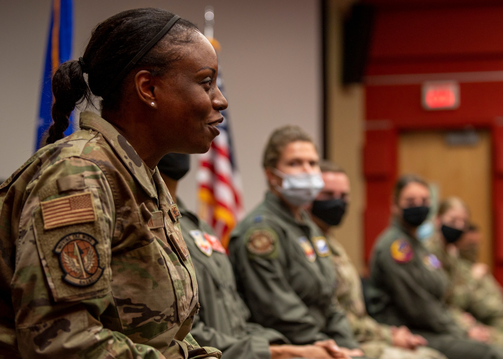 Chief Master Sgt. Chaunda Wharton, 4th Logistics Readiness Squadron senior enlisted leader, speaks with ROTC cadets at North Carolina Agricultural and Technical State University in Greensboro, North Carolina, Oct. 28, 2021.