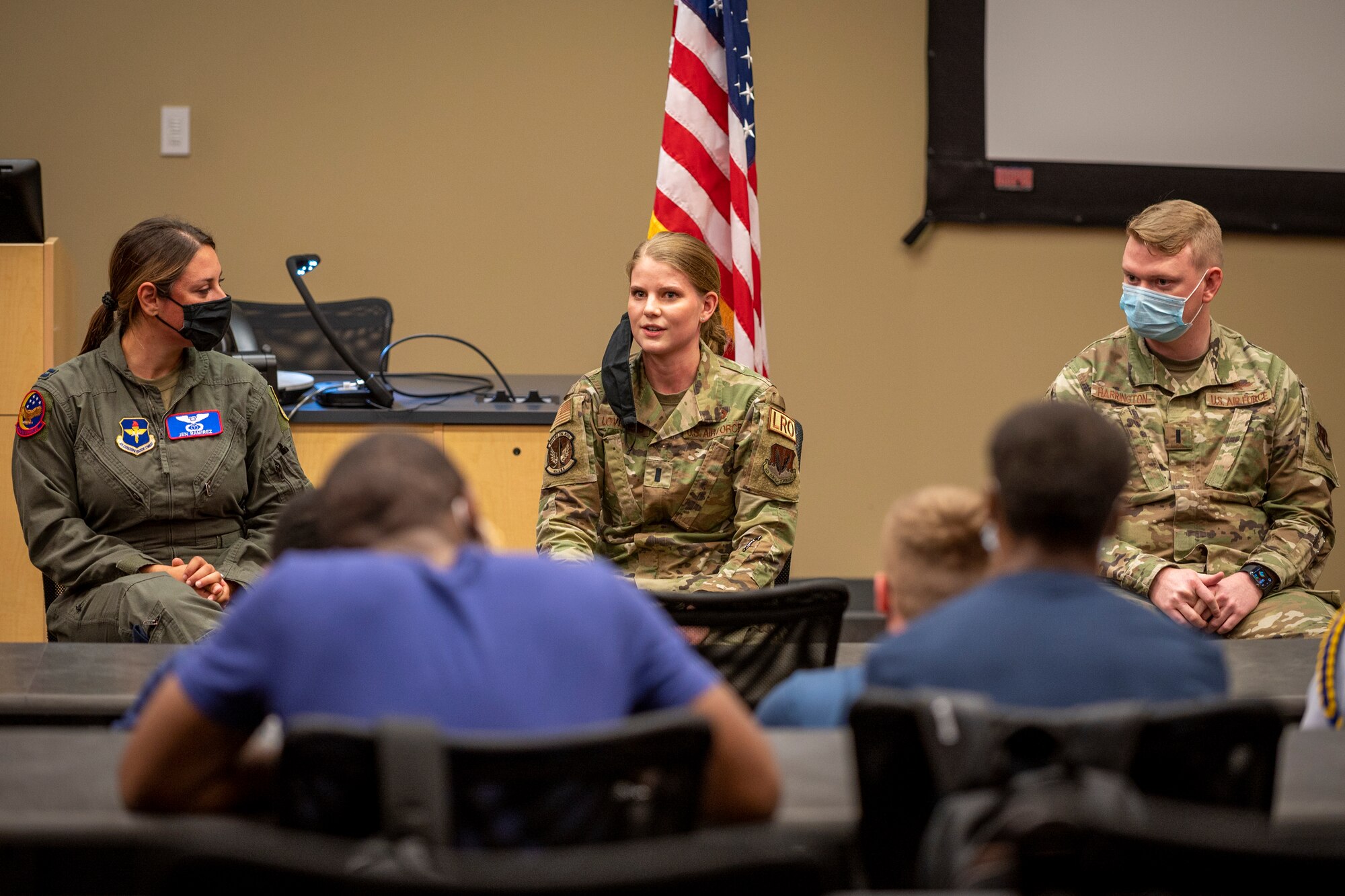Officers assigned to Seymour Johnson Air Force Base speak with ROTC cadets at North Carolina Agricultural and Technical State University in Greensboro, North Carolina, Oct. 28, 2021.