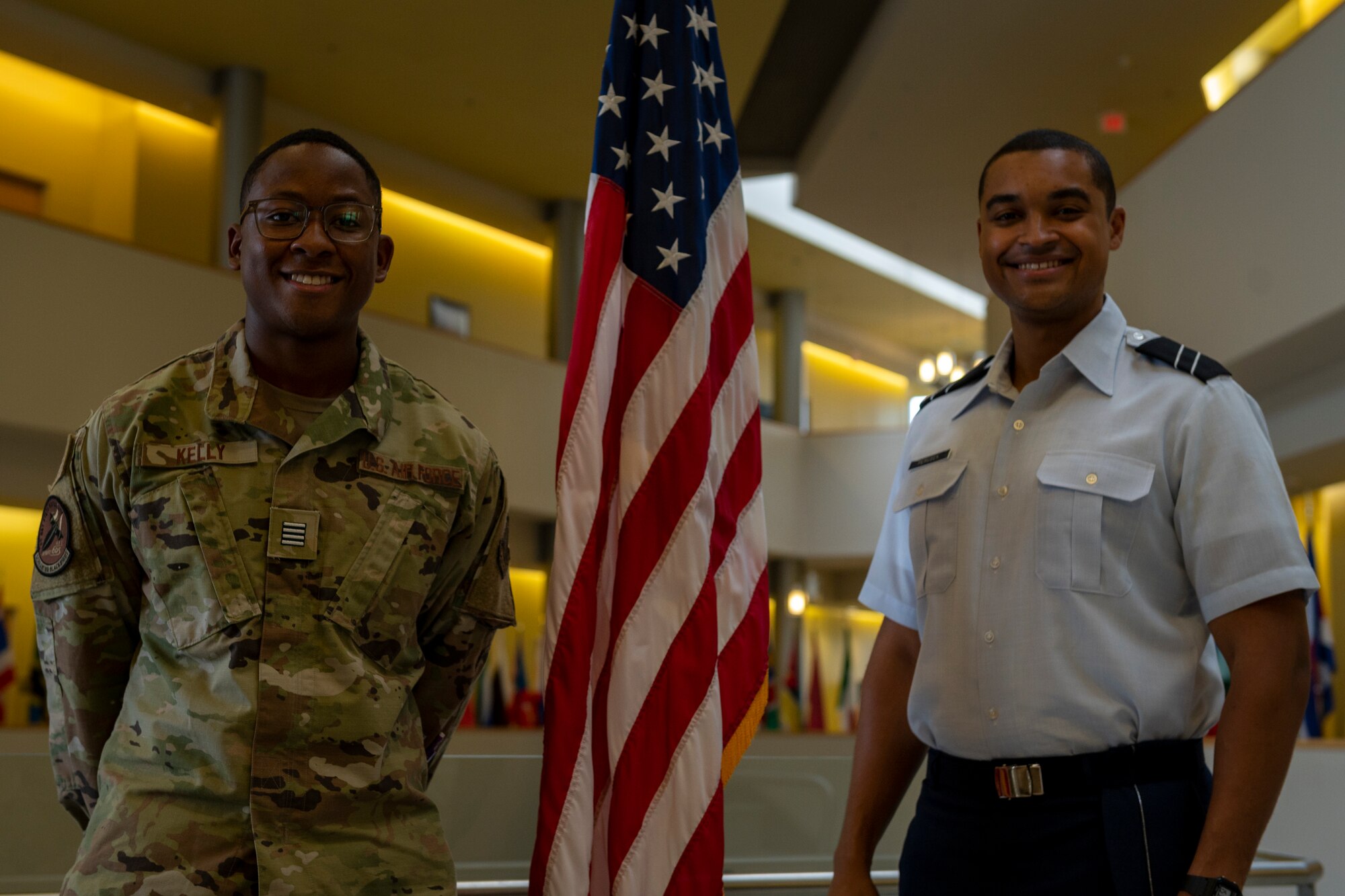 Air Force ROTC Cadet Langston Kelly, left, and ROTC Cadet Hayden Perusek, North Carolina Agricultural and Technical State University detachment 605, pose for a photo at North Carolina Agricultural and Technical State University in Greensboro, North Carolina, Oct. 28, 2021.