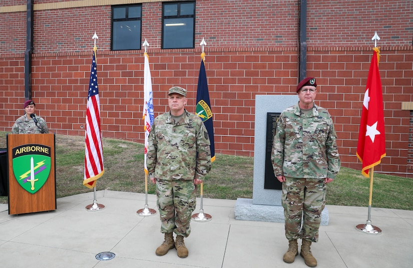 Maj. Gen. John F. Hussey, commanding general, 200th Military Police Command (left), presides over the ceremony promoting Maj. Gen. Jeffrey C. Coggin, commanding general, U.S. Army Civil Affairs and Psychological Operations Command (Airborne), to his current rank of Major General at a ceremony Oct. 25, 2021, Fort Bragg, N.C.