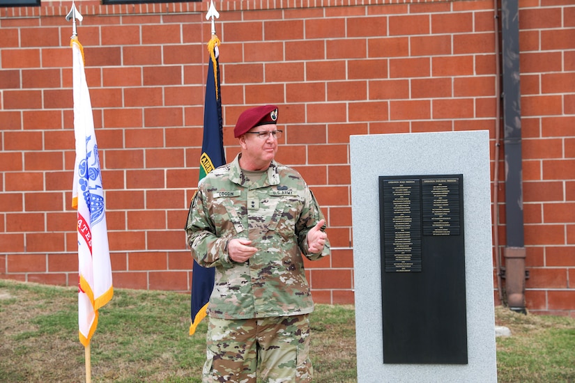 Maj. Gen. Jeffrey C. Coggin, commanding general, U.S. Army Civil Affairs and Psychological Operations Command (Airborne), closes out his promotion ceremony with remarks to his Soldiers, family, and friends, Oct. 25, 2021, Fort Bragg, N.C.