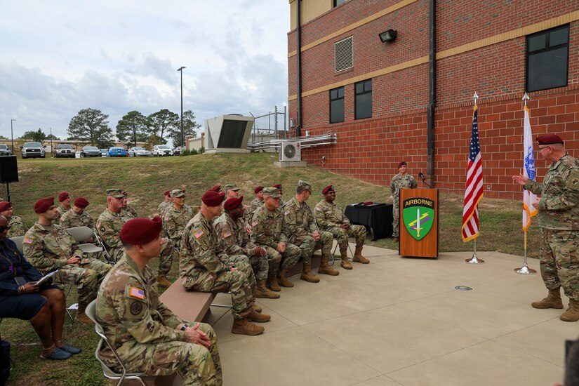 Maj. Gen. Jeffrey C. Coggin, commanding general, U.S. Army Civil Affairs and Psychological Operations Command (Airborne), closes out his promotion ceremony with remarks to his Soldiers, family, and friends, Oct. 25, 2021, Fort Bragg, N.C.