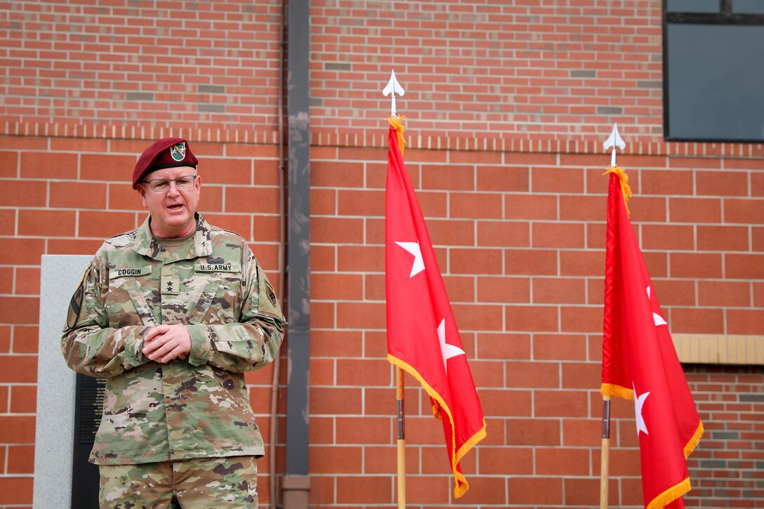 Maj. Gen. Jeffrey C. Coggin, commanding general, U.S. Army Civil Affairs and Psychological Operations Command (Airborne), closes out his promotion ceremony with remarks to his Soldiers, family, and friends, Oct. 25, 2021, Fort Bragg, N.C.