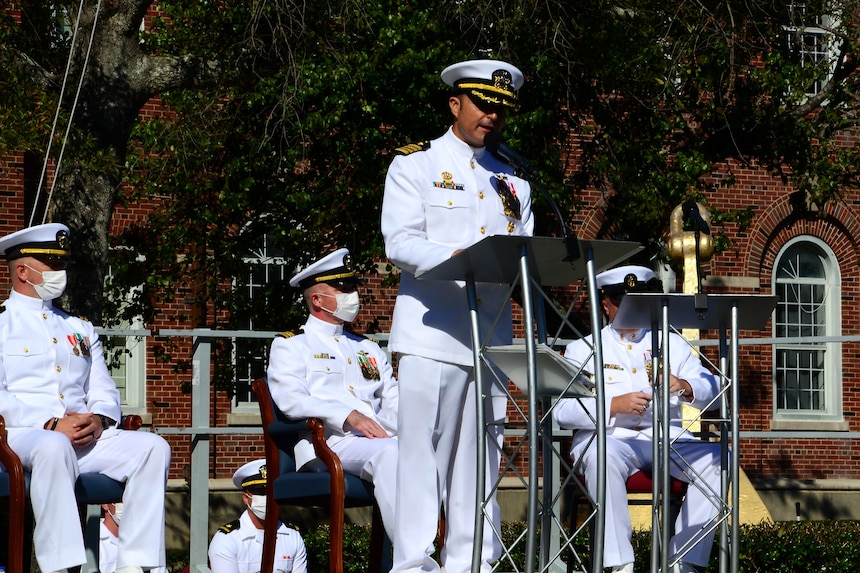 Capt. Edgardo Moreno, commanding officer, Naval Aviation Schools Command (NASC), speaks during a reopening ceremony for Building 633 onboard Naval Air Station (NAS) Pensacola, Oct. 29.