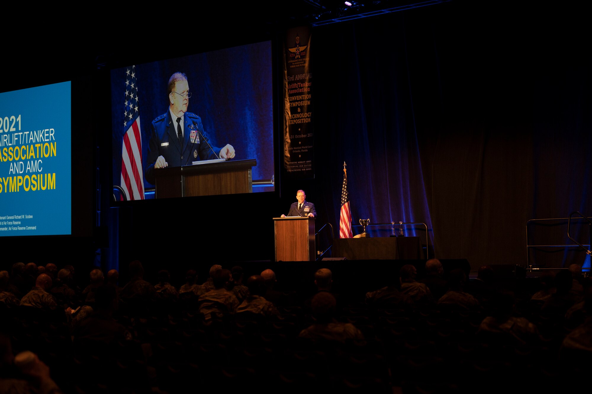 Photo of Lt. Gen. Richard Scobee, chief of the Air Force Reserve and commander of the Air Force Reserve Command, delivering a keynote speech at the 53rd Airlift/Tanker Association Annual Convention, Symposium and Technology Exposition on Oct. 30, in Orlando, Florida.