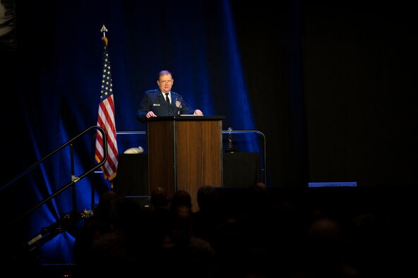 Photo of Lt. Gen. Richard Scobee, chief of the Air Force Reserve and commander of the Air Force Reserve Command, delivering a keynote speech at the 53rd Airlift/Tanker Association Annual Convention, Symposium and Technology Exposition on Oct. 30, in Orlando, Florida.