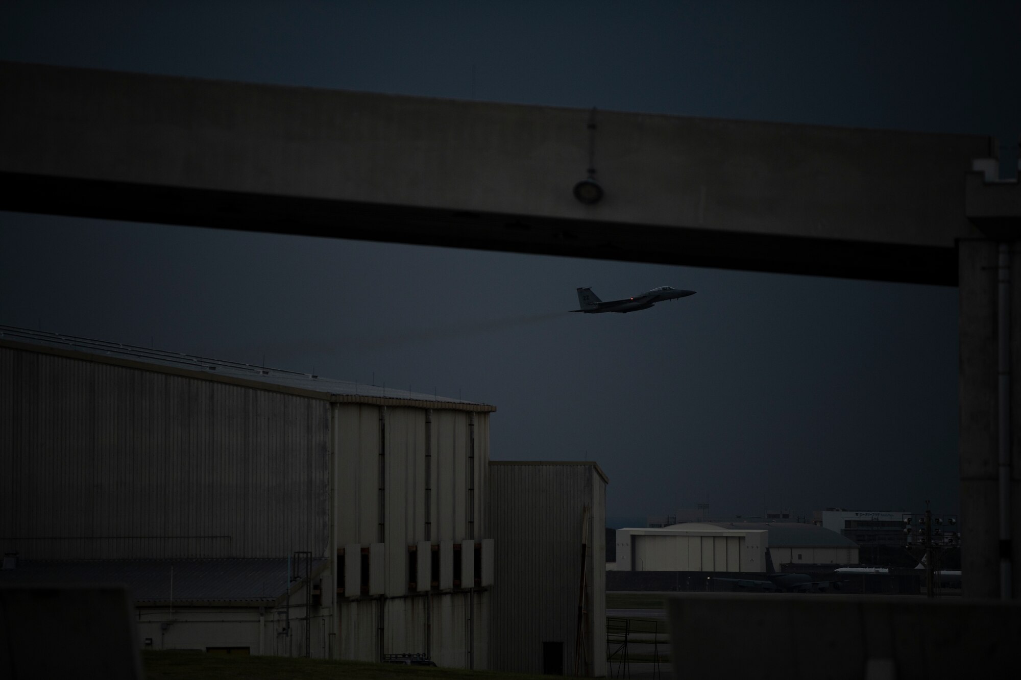 A U.S. Air Force F-15C Eagle assigned to the 67th Fighter Squadron takes off in support of Exercise Southern Beach at Kadena Air Base, Japan, Oct. 28, 2021. This was the first time since the inception of Southern Beach where the majority of the mission sets and a Japan-U.S. training program were conducted during night hours. (U.S. Air Force photo by Senior Airman Jessi Monte)