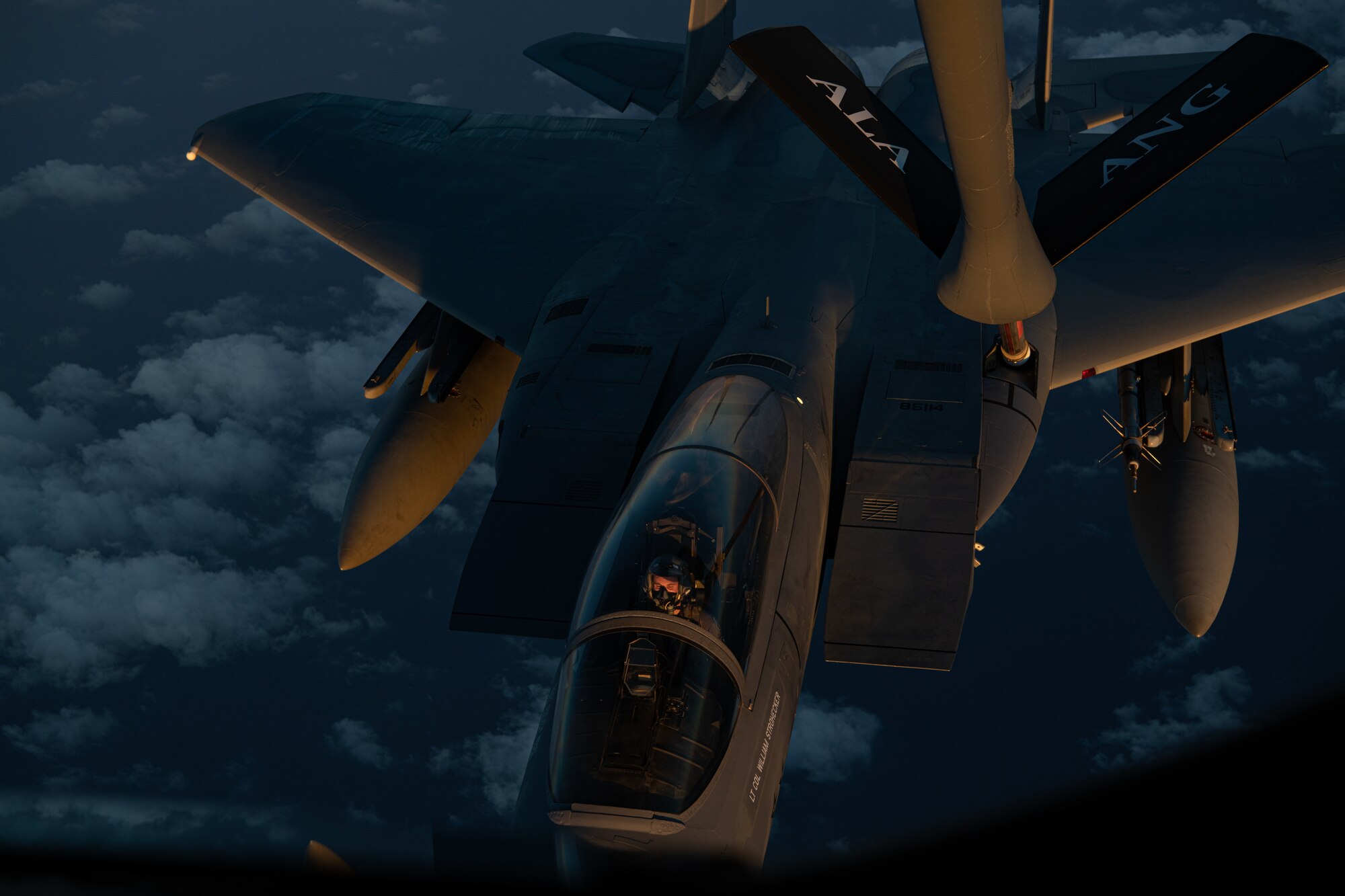 A U.S. Air Force KC-135 Stratotanker from the 909th Air Refueling Squadron refuels a U.S. Air Force F-15C Eagle during Exercise Southern Beach over the Pacific Ocean, Oct. 28, 2021. Bilateral training exercises like Southern Beach help build trusting relationships among foreign and domestic forces, ensuring allies are able to come together to effectively respond to demanding scenarios and execute high-end missions in defense of a free and open Indo-Pacific region. (U.S. Air Force photo by Staff Sgt. Savannah L. Waters)