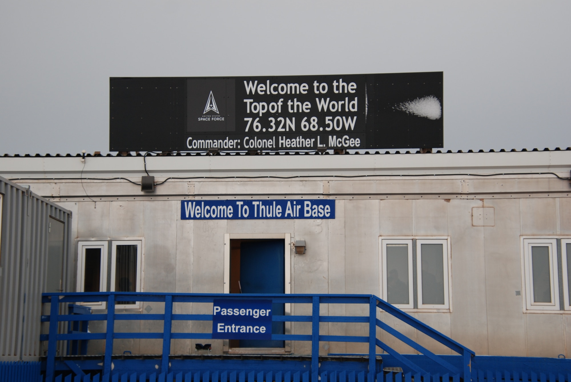 Passenger terminal entrance at Thule Air Base, Greenland.
