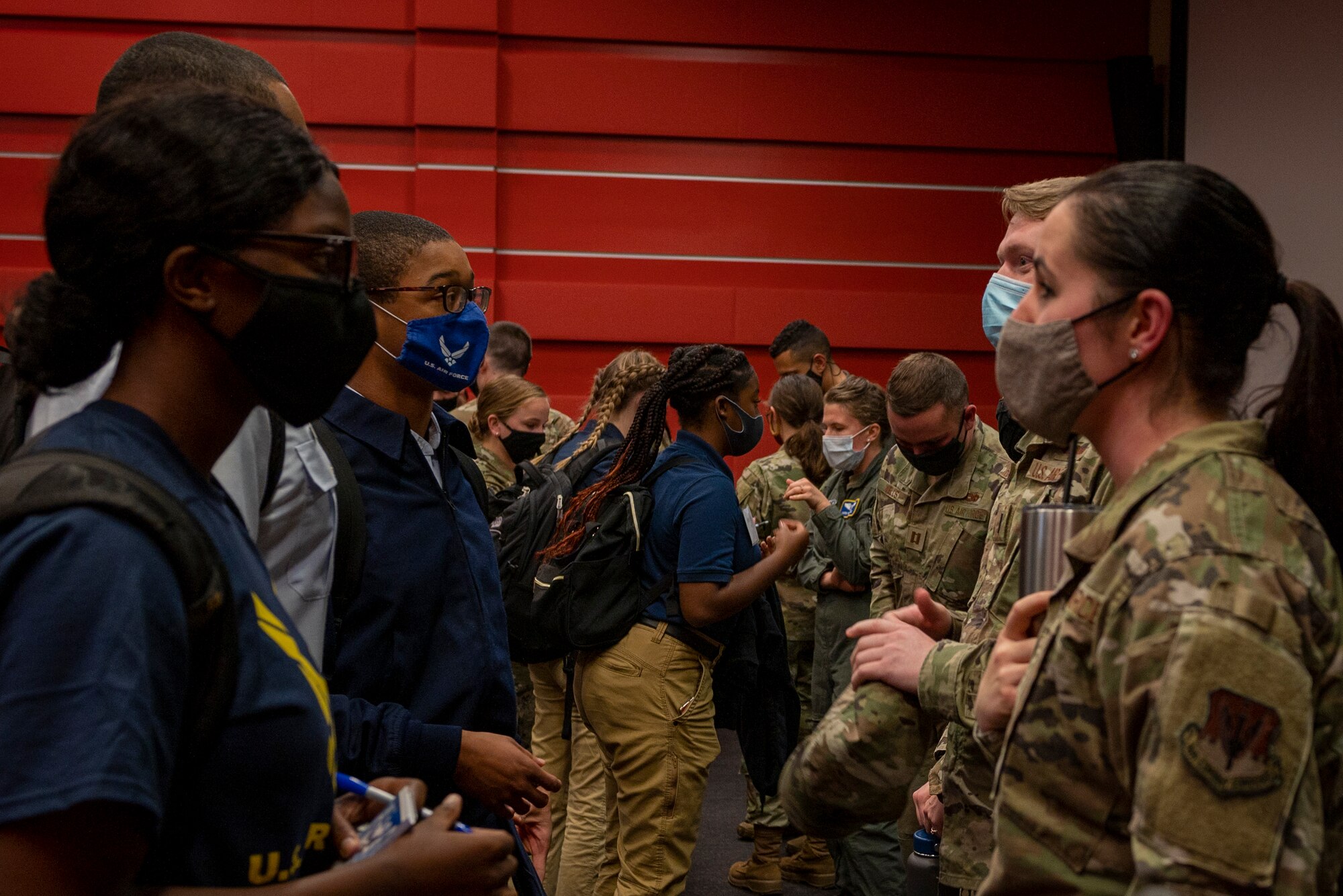 Active duty service members from Seymour Johnson Air Force Base speak with ROTC cadets after a career panel at North Carolina Agricultural and Technical State University in Greensboro, North Carolina, Oct. 28, 2021.