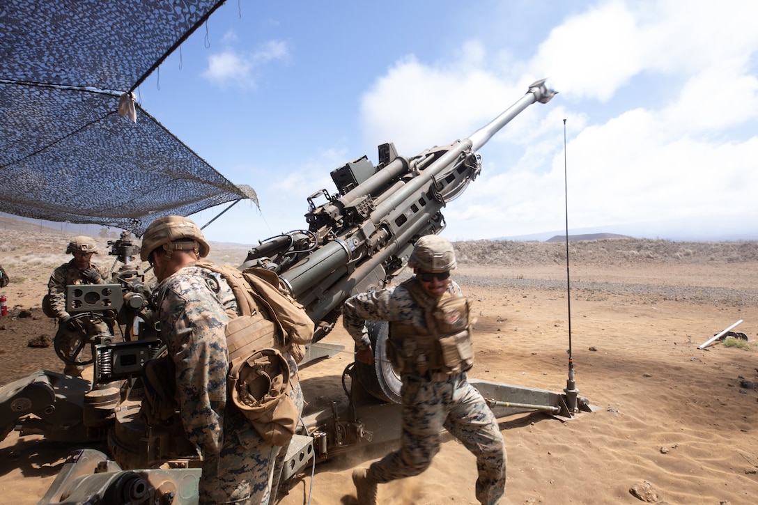 U.S. Marines with 1st Battalion, 12th Marines fire an M777 towed 155 mm howitzer during a fire support coordination exercise of Bougainville II at Pohakuloa Training Area, Hawaii, Oct. 3, 2021. Bougainville II is the second phase of pre-deployment training conducted by the battalion designed to increase combat readiness through complex and realistic live-fire training. (U.S. Marine Corps photo by Cpl. Brandon Aultman)
