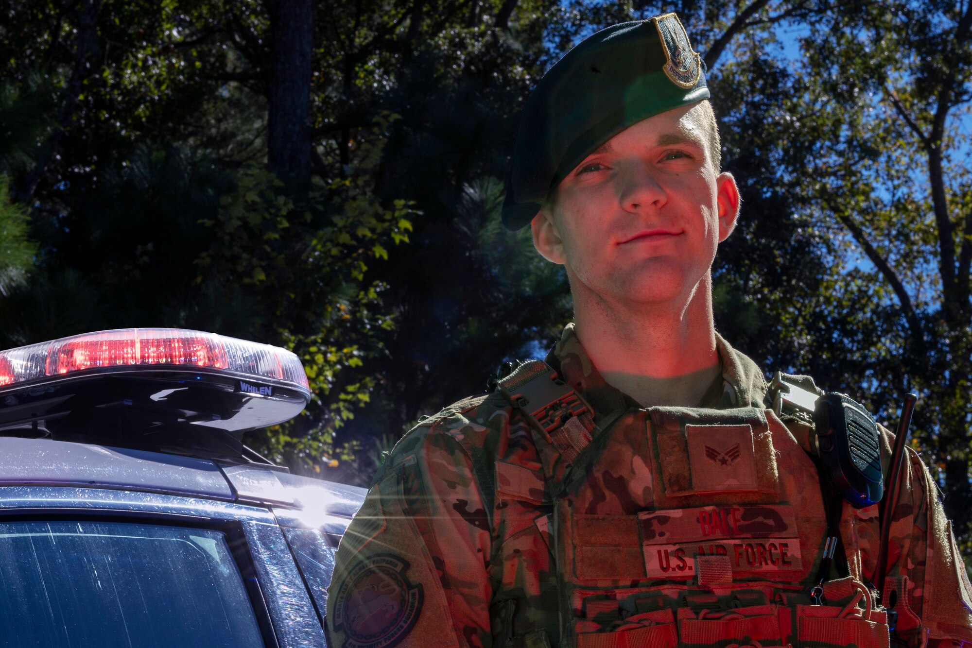 Senior Airman Grant Bale, 4th Security Forces Squadron patrolman, poses for a photo at Seymour Johnson Air Force Base, North Carolina, Oct. 27, 2021.