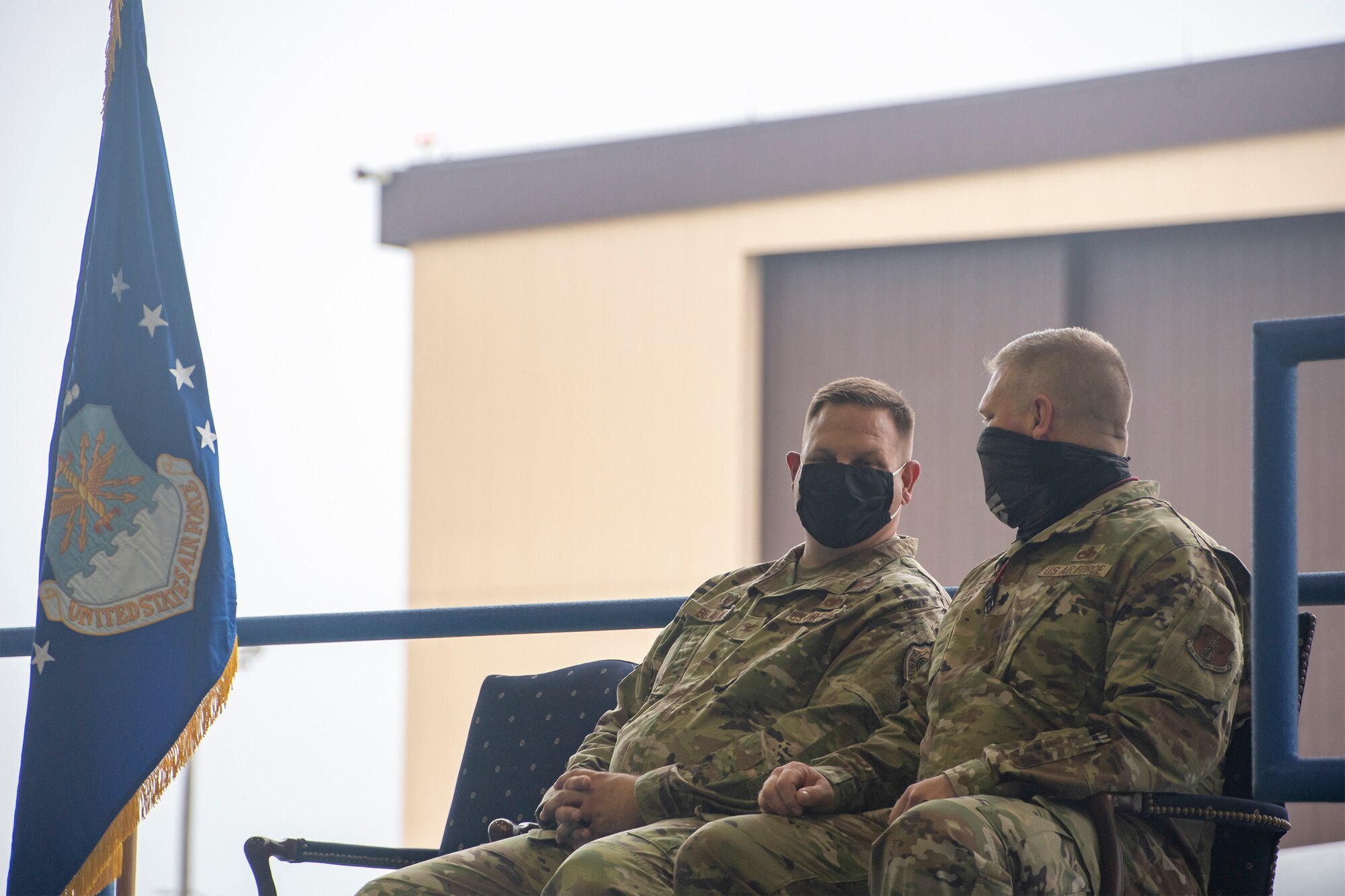 Outgoing 131st Maintenance Group Commander Col. Michael Belardo talks with Incoming 131st Maintenance Group Commander Lt. Col. Chad Larson during a change of command ceremony for the 131st Maintenance Group Oct. 2, 2021 at Whiteman Air Force Base, Missouri. (U.S. Air National Guard photo by Staff Sgt. Joshua Colligan)