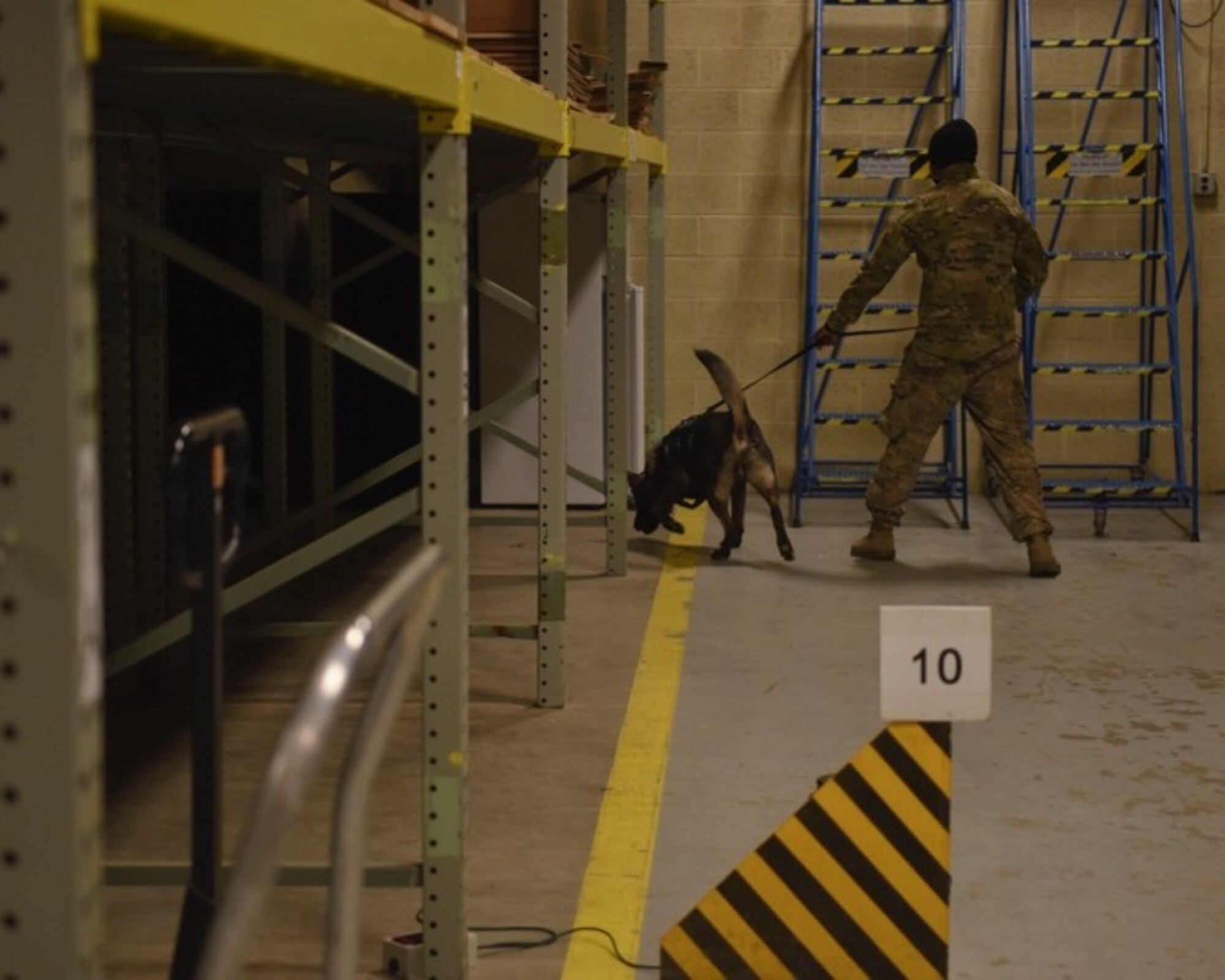 An Airmen follows his dog as they walk through a warehouse searching for explosives.