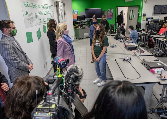 First Lady Dr. Jill Biden, center left, greets students at the Naples Middle High School onboard Naval Support Activity (NSA) Naples, Italy, Nov. 1, 2021.