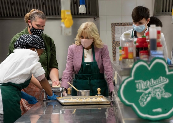 First Lady Dr. Jill Biden interacts with students during their culinary class at the Naples Middle High School onboard Naval Support Activity (NSA) Naples, Italy, Nov. 1, 2021.