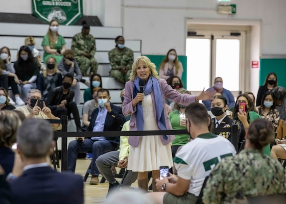 First Lady Dr. Jill Biden participates in a speaking engagement at the Naples Middle High School onboard Naval Support Activity (NSA) Naples, Italy, Nov. 1, 2021.