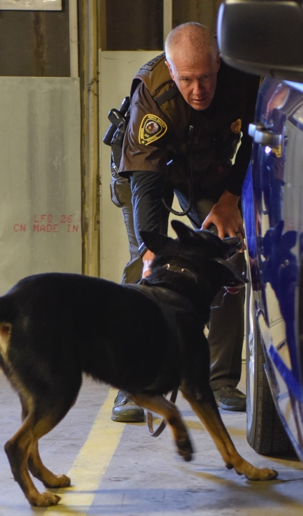 A Trooper leads his dog around a car, directing the dog to smell areas in search of hidden narcotics.