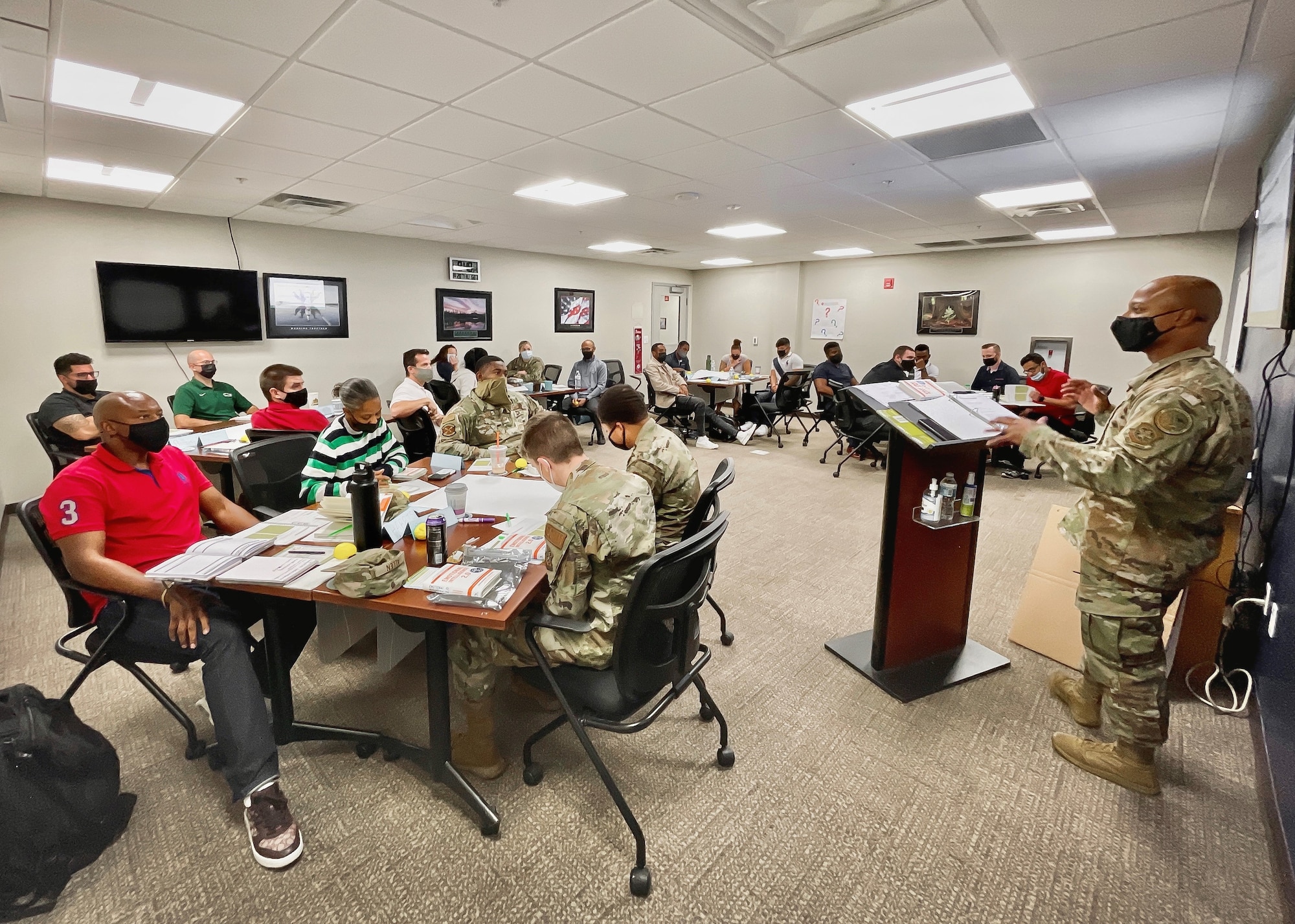 U.S. Air Force Tech. Sgt. Jose Lopez Rodriguez, Airman Leadership School (ALS) instructor, facilitates a professional military education class at MacDill Air Force Base, Florida, Oct. 27, 2021 during Professional Military Education week.