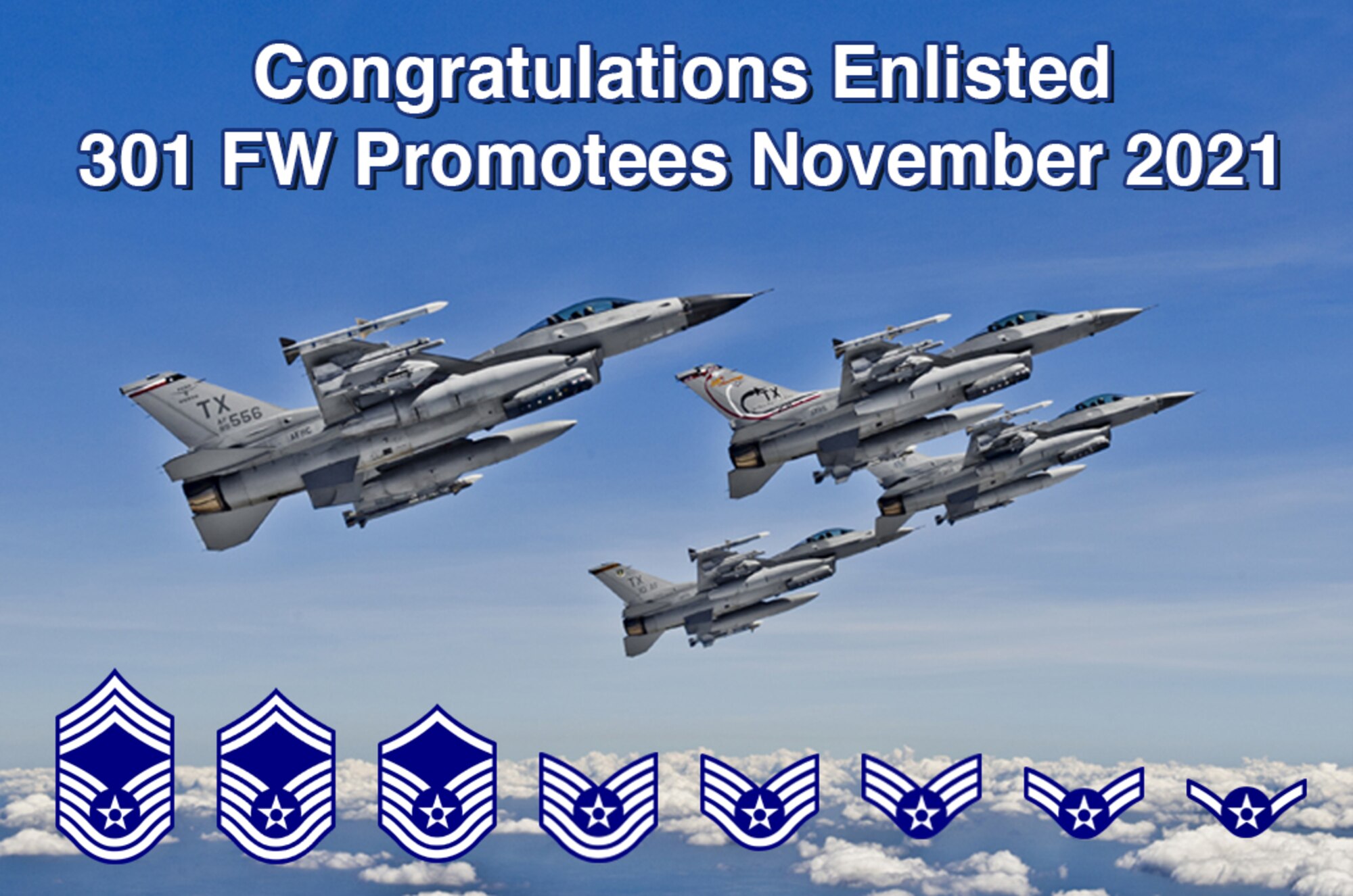 301 FW enlisted promotions for Nov. 2021. (U.S. Air Force graphic by Jeremy Roman)
