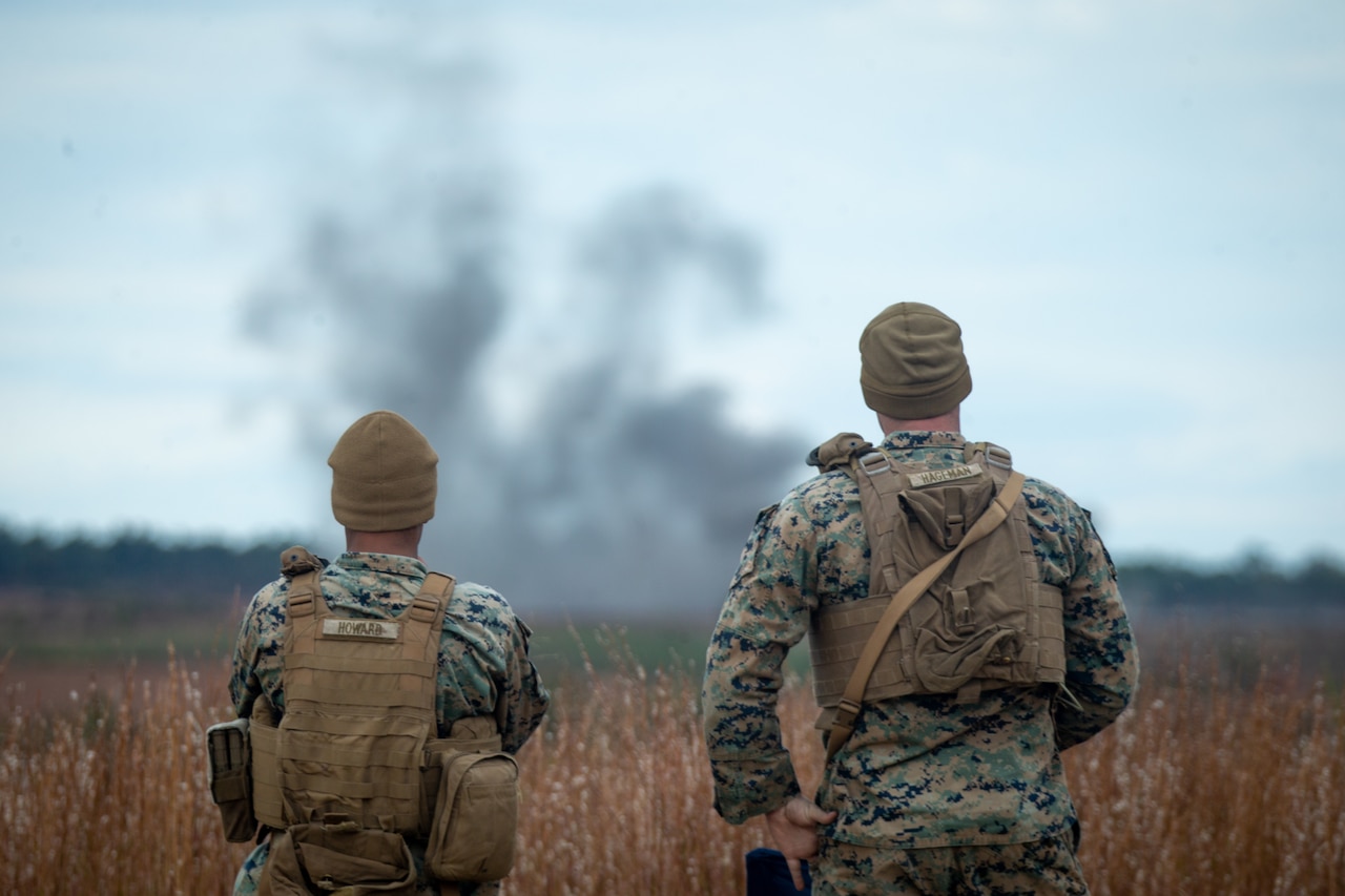 Two Marines look at smoke in field with their backs turned the camera.
