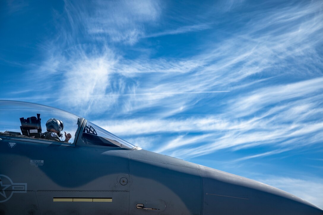 A pilot gives the thumbs up from the cockpit of an aircraft.