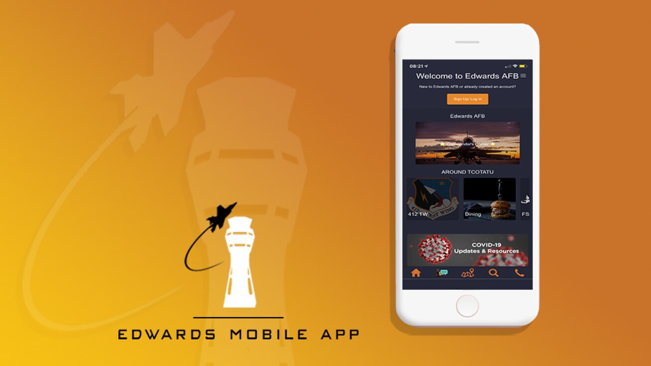 The new base app is here!  The 412th Test Wing Public Affairs Office announced the new Edwards Air Force Base app launch on Oct. 15. Personnel are invited to install the app from the App Store or Google Play. (Air Force graphic by Katherine Franco)