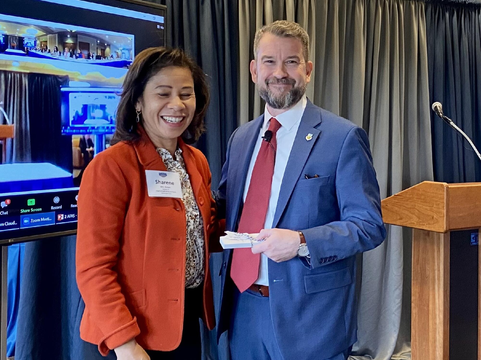 Brian Selmeski, chair of the Air University Public K-12 Education Working Group and co-author of the Toolkit, and Sharene Brown, spouse of Air Force Chief of Staff Gen. Charles Q. Brown Jr., pose for a photo at the Corona Conference Oct. 21, 2021, at the U.S. Air Force Academy.