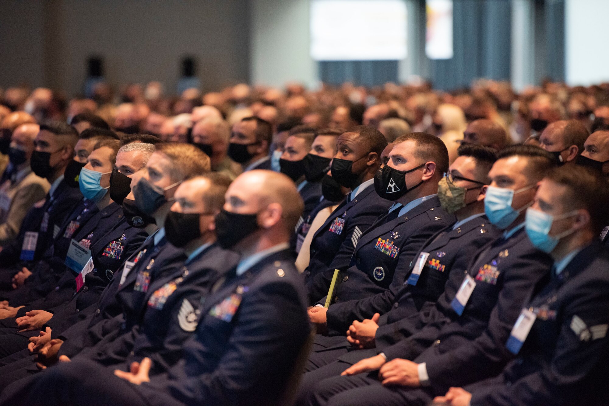 U.S. Air Force airmen attend Air Mobility Command commander Gen. Mike Minihan’s keynote speech during the 53rd Airlift/Tanker Association Convention in Orlando, Florida, Oct. 28th, 2021.