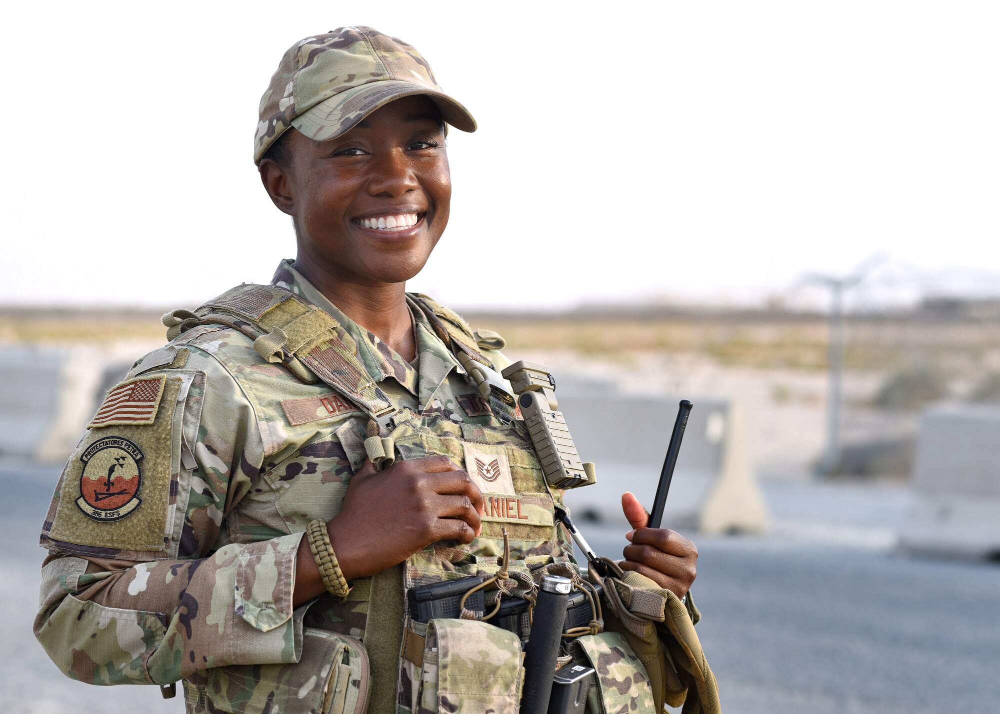 U.S. Air Force Tech. Sgt. Madia Daniel, a 386th Security Forces Squadron team leader, stands stands on patrol at Ali Al Salem Air Base, Kuwait, November 1, 2021. Daniel is currently taking three classes while deployed, working towards her PhD in Family and Consumer Science. (U.S. Air Force photo by Staff Sgt. Ryan Brooks)