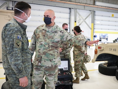 Maj. Gen. Ben Corell observes maintenance training conducted by Kosovo Security Force members Sept. 20, 2021, at Camp Dodge in Johnston, Iowa. This training was part of the National Guard Bureau’s State Partnership Program and the ongoing relationship between the Iowa National Guard and the Republic of Kosovo.