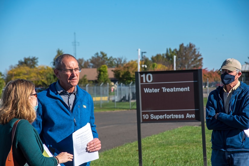 Mr. Lee dePersia, Environmental Engineer with the 111th Attack Wing’s Civil Engineering Squadron here talks to members of the Willow Grove Air Base Restoration Advisory Board in front of a water treatment plant during a tour to review progress in improving the quality of base drinking water and groundwater/storm water run-off on Biddle Air National Guard Base in Horsham, Pennsylvania, Oct. 28, 2021.