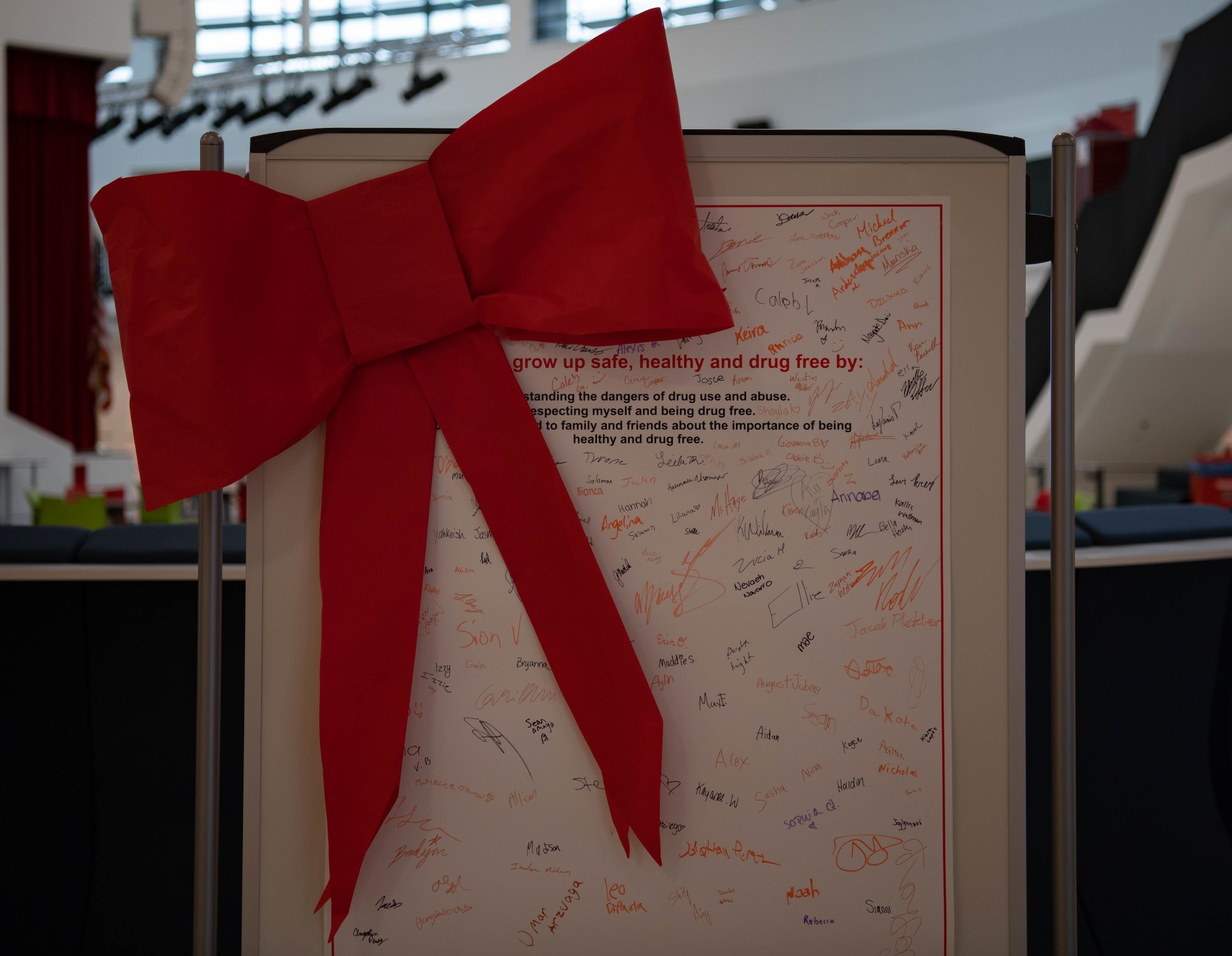 A board is set up at the entrance of Kaiserslautern High School with the signatures of students who pledged to stay drug free during Red Ribbon Week at Vogelweh Military Complex, Germany, Oct. 26, 2021. Red Ribbon Week takes place each year from Oct. 23 to 31 with the mission of helping kids grow up safe, healthy and drug free. (U.S. Air Force photo by Airman Jared Lovett)