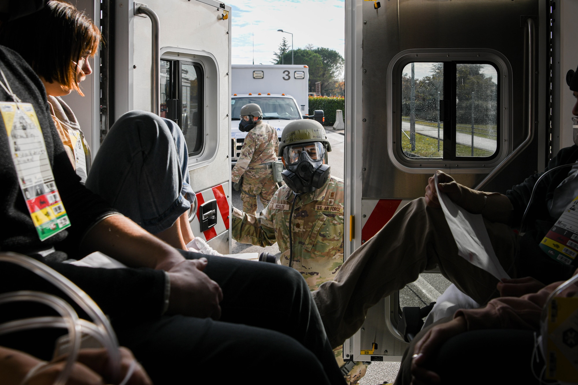 Maj. Wendell Miculob, 31st Operational Medical Readiness Squadron flight commander prepares to transport patients with simulated injuries during a base defense exercise at Aviano Air Base, Italy, Nov. 2, 2021. The exercise was designed to test the 31st Fighter Wing’s ability to respond to a variety of potential threats, protect and generate combat airpower, and defend the base. (U.S. Air Force photo by Senior Airman Elijah M. Dority)