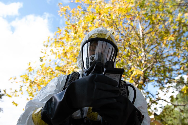 An Airman assigned to the 31st Medical Group analyzes simulated hazardous chemicals during a base defense exercise at Aviano Air Base, Italy, Nov. 2, 2021.The exercise was designed to increase overall readiness of Airmen to respond to a variety of threats in a degraded or contaminated environment to safeguard and execute the 31st Fighter Wing’s mission. (U.S. Air Force photo by Senior Airman Elijah M. Dority)