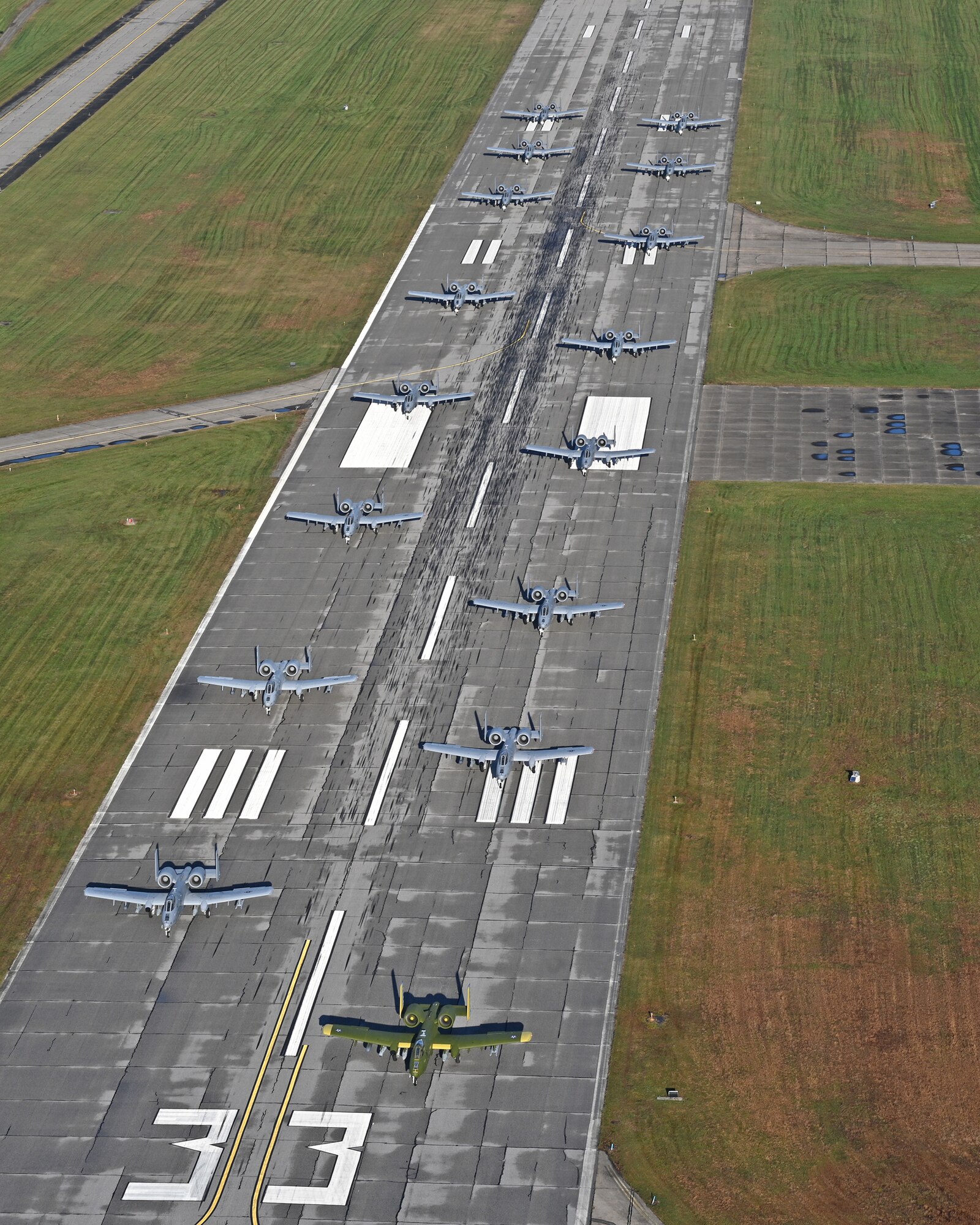 16 A-10C Thunderbolt II aircraft assigned to the 175th Wing, Maryland Air National Guard, conduct a mission generation exercise and an “elephant walk” at Warfield Air National Guard Base at Martin State Airport, Middle River, Md., November 3, 2021. The mission generation exercise highlighted the agility and rapid mobility of the MDANG's airpower, demonstrating their ability to launch combat-ready A-10s that are deployable for no-notice contingency operations. The 175th Wing trains to maintain lethal and combat-ready forces, prepared to deter or defeat any adversary who threatens U.S. or NATO interests.