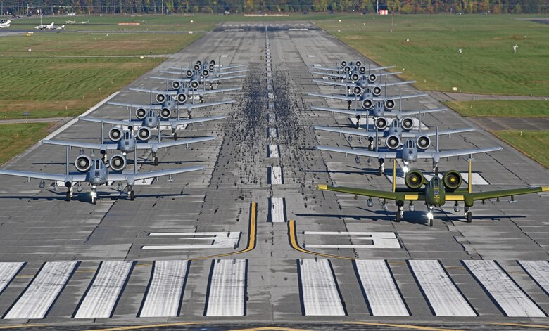16 A-10C Thunderbolt II aircraft assigned to the 175th Wing, Maryland Air National Guard, conducted a mission generation exercise and an “elephant walk” at Warfield Air National Guard Base at Martin State Airport, Middle River, Md., November 3, 2021. The mission generation exercise highlighted the agility and rapid mobility of the MDANG's airpower, demonstrating their ability to launch combat-ready A-10s that are deployable for no-notice contingency operations. The 175th Wing trains to maintain lethal and combat-ready forces, prepared to deter or defeat any adversary who threatens U.S. or NATO interests. (U.S. Air National Guard photo by Master Sgt. Christopher Schepers)