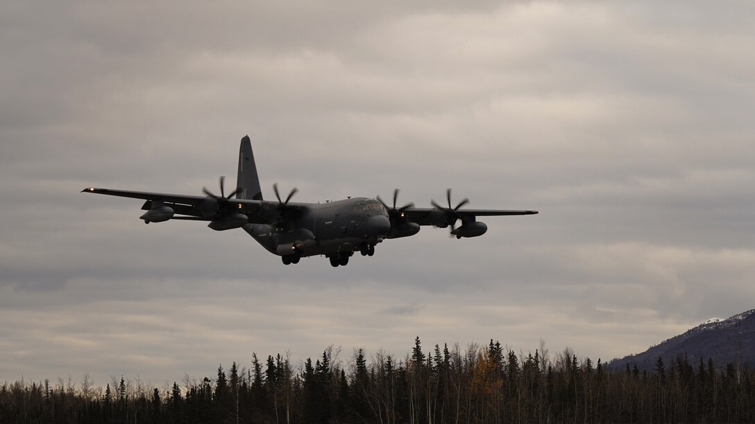 An Alaska Air National Guard HC-130J Combat King II operated by aircrew from the 211th Rescue Squadron, 176th Wing, lands on Bryant Army Airfield while supporting a full mission profile exercise conducted by the 212th RQS at Joint Base Elmendorf-Richardson, Alaska, Oct. 13, 2021. The busiest rescue force in the Department of Defense, the 212th RQS provides elite pararescuemen and combat rescue officers that are uniquely skilled in integrating air and ground capabilities to carry out the 176th Wing’s wartime and peacetime personnel recovery missions. (U.S. Army National Guard photo by Dana Rosso)