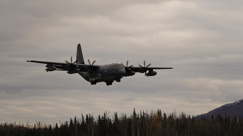 An Alaska Air National Guard HC-130J Combat King II operated by aircrew from the 211th Rescue Squadron, 176th Wing, lands on Bryant Army Airfield while supporting a full mission profile exercise conducted by the 212th RQS at Joint Base Elmendorf-Richardson, Alaska, Oct. 13, 2021. The busiest rescue force in the Department of Defense, the 212th RQS provides elite pararescuemen and combat rescue officers that are uniquely skilled in integrating air and ground capabilities to carry out the 176th Wing’s wartime and peacetime personnel recovery missions. (U.S. Army National Guard photo by Dana Rosso)