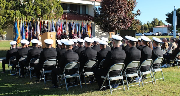 Capt. Peter Maculan, commanding officer of Center for Seabees and Facilities Engineering and the Naval Civil Engineer Corps Officers School (CECOS), addresses graduates of CECOS Basic Class 271 during ceremony.  Thirty-three U.S. Navy Civil Engineer Corps (CEC) students completed the 15-week-long CEC Basic Qualification Course, which covers a wide range of topics, including leadership, professional development, public works, construction technology, contracting, expeditionary construction, and combat operations.