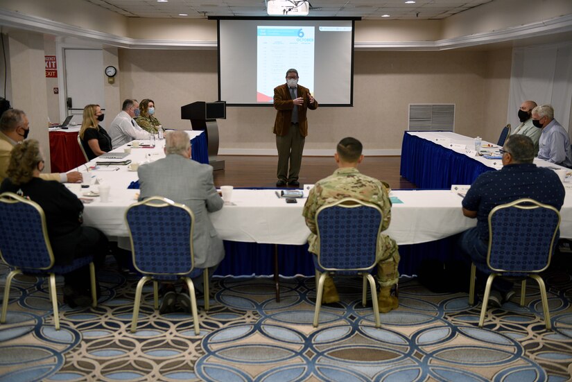 Dr. Christopher L. McDaid, Joint Base Langley-Eustis archaeologist, addresses JBLE leadership and members of the federally-recognized Nansemond Indian Nation and the Chickahominy Indian Tribe during the annual Tribal Consultation held at Joint Base Langley-Eustis.