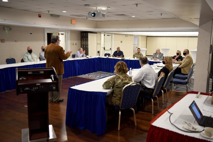 Dr. Christopher L. McDaid, Joint Base Langley-Eustis archaeologist, addresses JBLE leadership and members of the federally-recognized Nansemond Indian Nation and the Chickahominy Indian Tribe during the annual Tribal Consultation held at Joint Base Langley-Eustis.